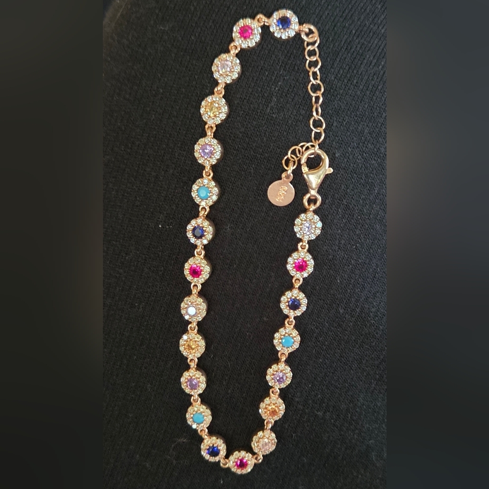 Multi gemstone bracelet sterling & rosegold sz8" - Picture 7 of 9